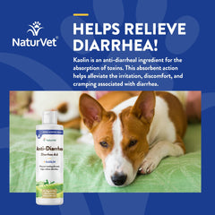 NaturVet anti-diarrhea liquid dosing syringe image demonstrates measured dosing for dogs and cats