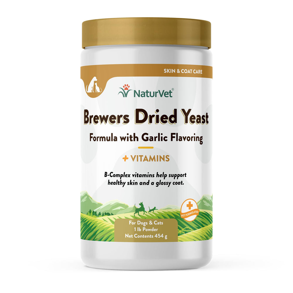 NaturVet Brewers Dried Yeast Garlic bottle emphasizes pet nutrition for a glossy coat.