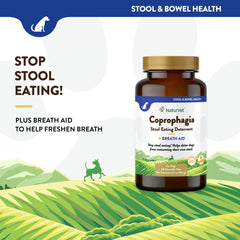 NaturVet Coprophagia enzymes and probiotics packaging highlighting digestion support.