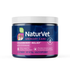 NaturVet Cranberry Relief Plus Echinacea packaging shows a natural ingredient blend for urinary and immune support.