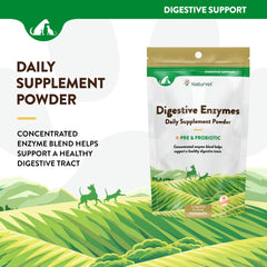 NaturVet Digestive Enzymes with pets nearby suggests diet-change support during meals.