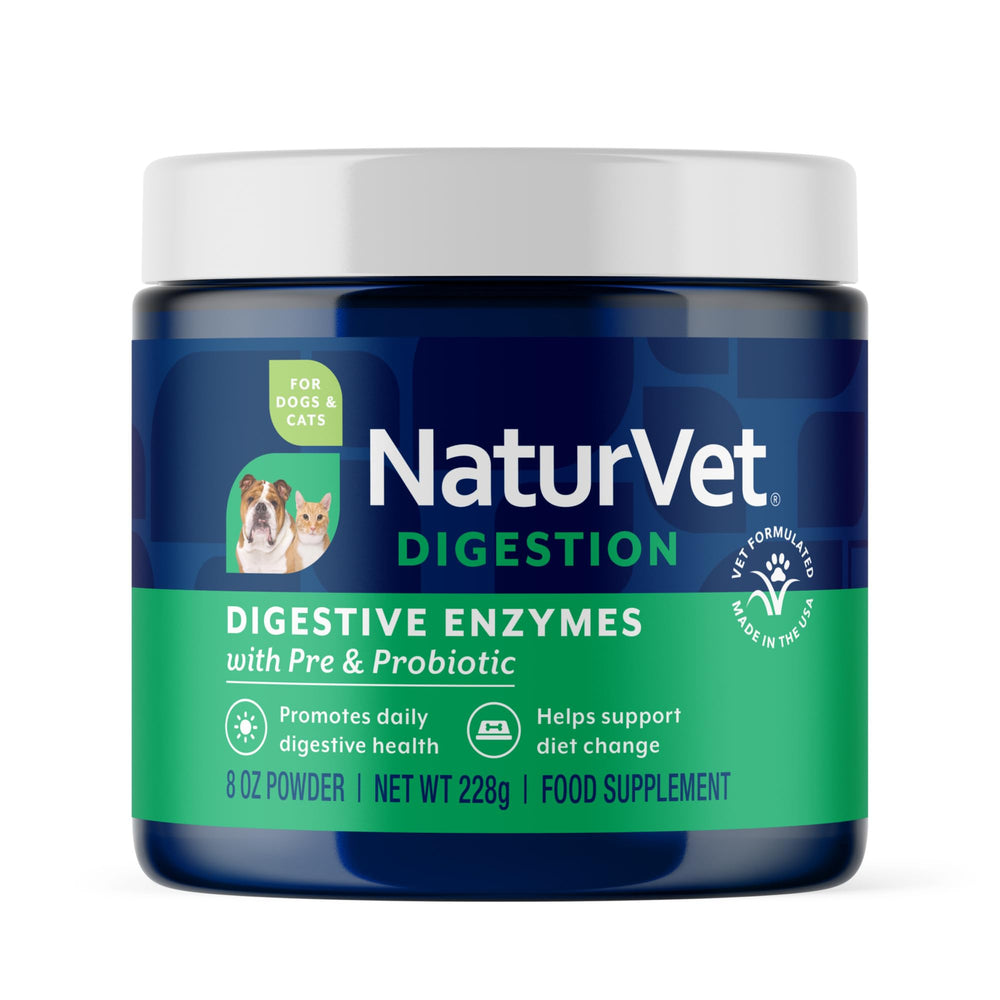 NaturVet Digestive Enzymes bottle with powder may support healthy digestion.