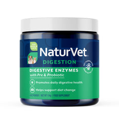 NaturVet Digestive Enzymes powder bottle supports easy dosing for dogs