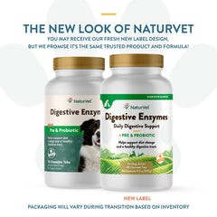 NaturVet Digestive Enzymes Plus Probiotics pack beside dog bowl, promoting comfortable digestion