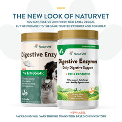 NaturVet Digestive Enzymes powder with a scoop for easy pet dosing.