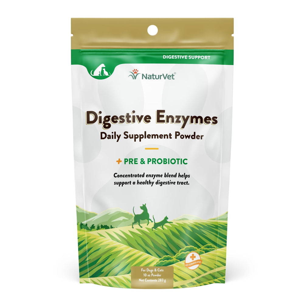 NaturVet Digestive Enzymes powder tub helps support digestion in dogs and cats.