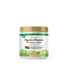 NaturVet digestive enzymes soft-chews bottle shows easy feeding and digestive support for pets.