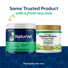 NaturVet Digestive Enzymes spoon dispensing powder for easy feeding and digestion support.