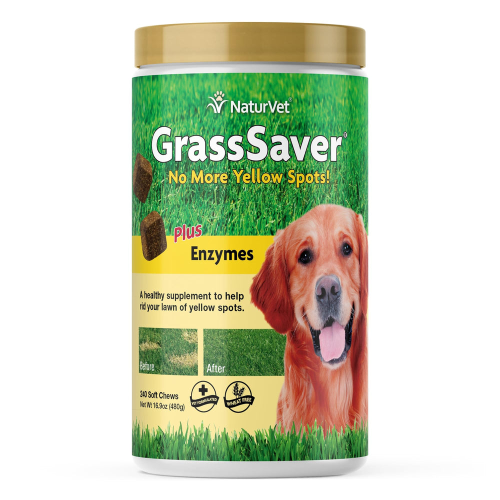 NaturVet GrassSaver dog soft chews—tasty treat that may reduce lawn yellow spots.