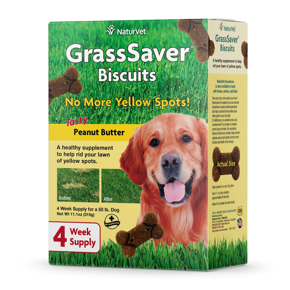 NaturVet GrassSaver galletas para perros, paquete frontal, uso diario para césped verde.