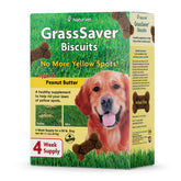 NaturVet GrassSaver galletas para perros, paquete frontal, uso diario para césped verde.
