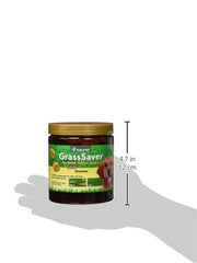 NaturVet GrassSaver packaging beside a green lawn indicates lawn health support.