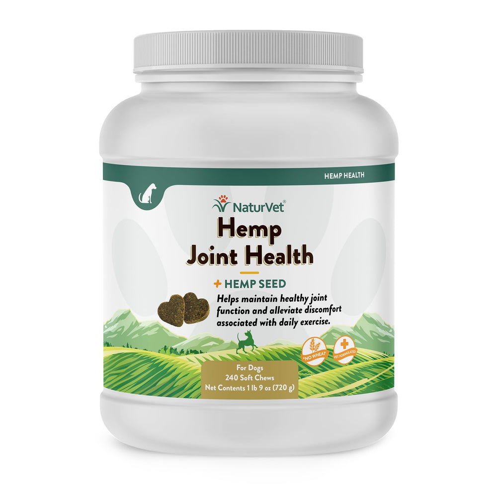 NaturVet Hemp Joint Health soft chews bottle close up shows joint support.