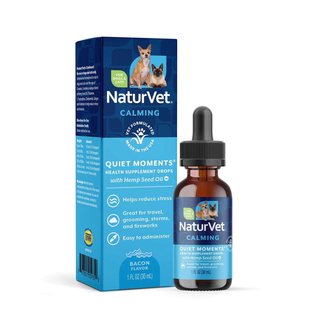 NaturVet Hemp Quiet Moments Drops bottle front promoting relaxation for dogs and cats.