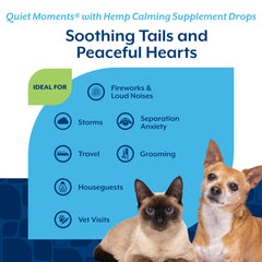 NaturVet Hemp Quiet Moments Drops ingredients panel showing hemp seed oil and ginger.