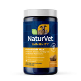 NaturVet Mushroom Max bottle closeup highlights immune-support formula for dogs.