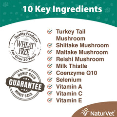 NaturVet Mushroom Max bottle label close-up showing mushroom blend and ingredients.