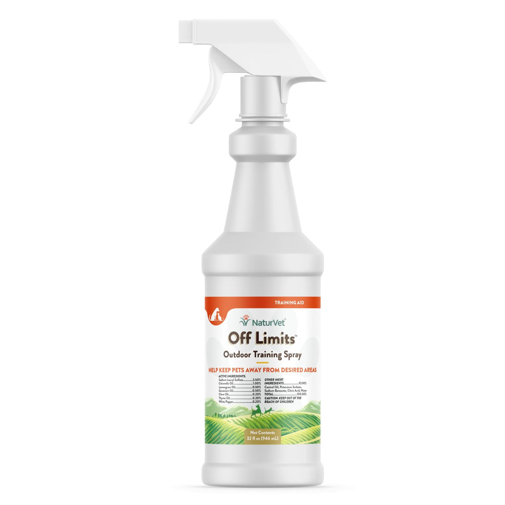 NaturVet Off Limits spray bottle demonstrates a humane, non-staining deterrent for outdoor areas.