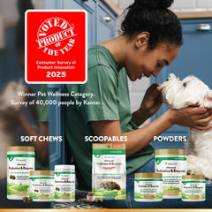 NaturVet probiotic-enzyme blend label illustration highlighting gut-friendly ingredients.