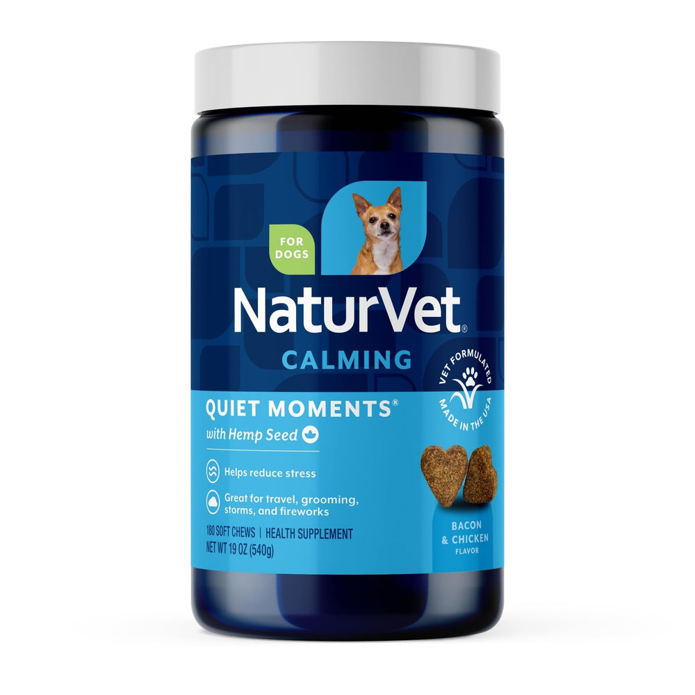 NaturVet Quiet Moments bottle with chews promoting calm behavior during travel.