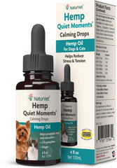 NaturVet Hemp Quiet Moments Drops bottle promotes pet calmness.