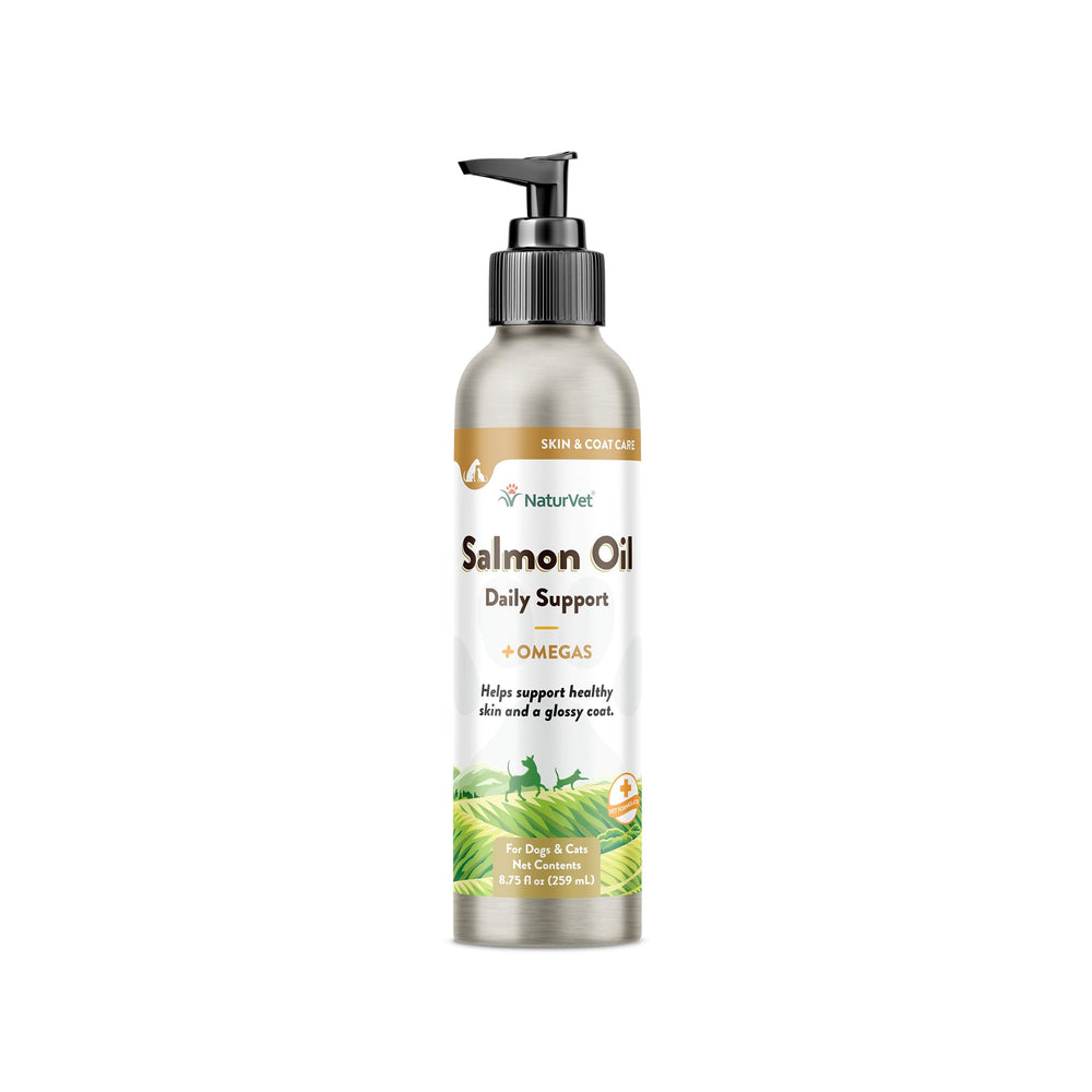 NaturVet Salmon Oil bottle-pour shows easy dosing for a healthier coat.