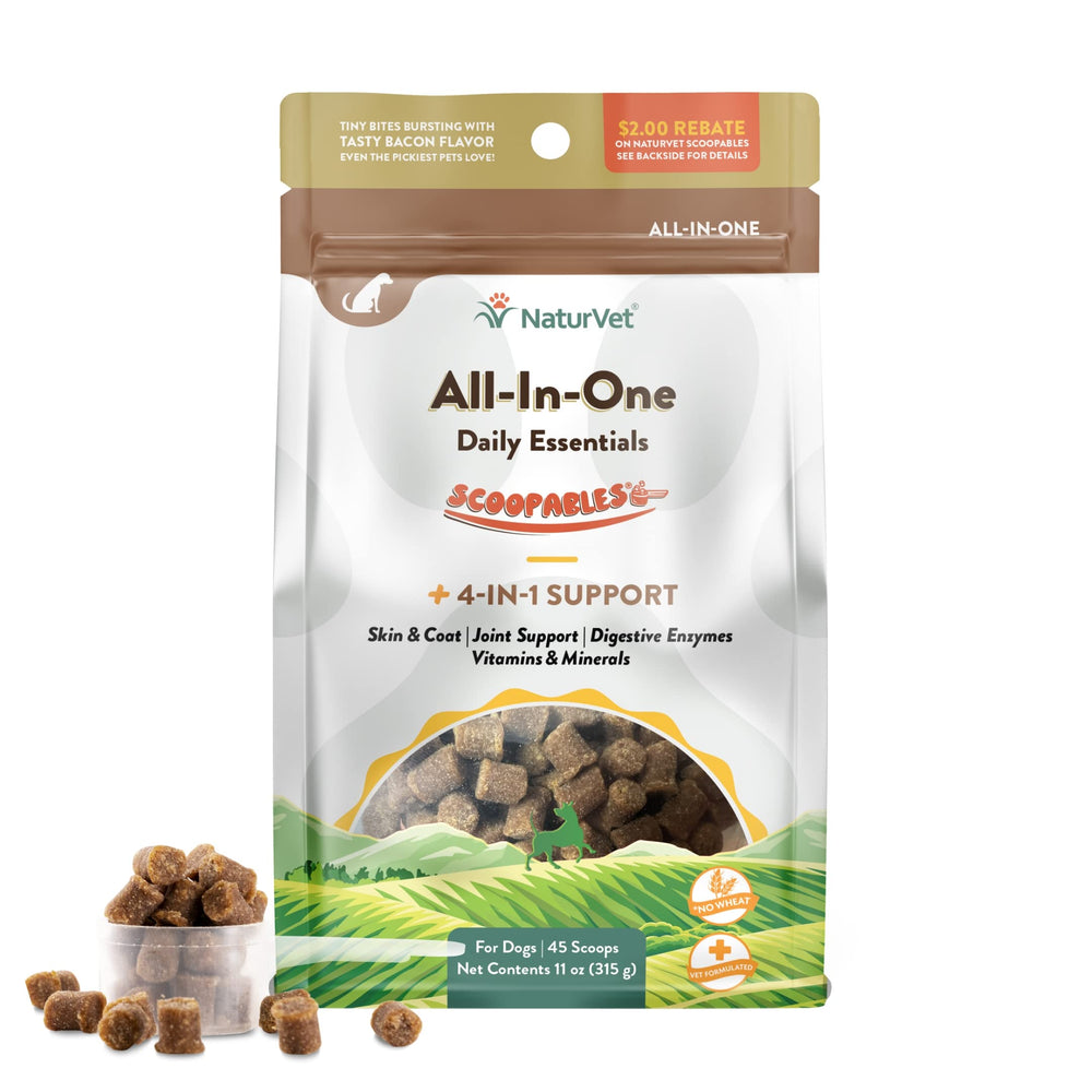 NaturVet Scoopables bacon-flavor dog bowl shows joint health support and tasty feeding routine