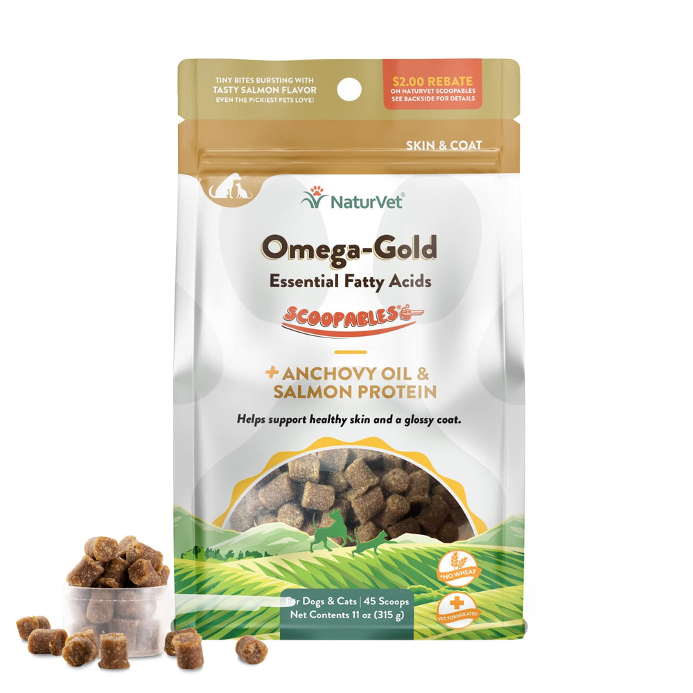 NaturVet Scoopables Omega-Gold bottle label highlights omega fatty acids for skin and coat health