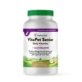 NaturVet VitaPet Senior daily vitamins bottle showing essential nutrients for aging dogs.