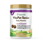 NaturVet VitaPet Senior soft chews packaging highlights vet-approved vitamins for senior dogs daily health
