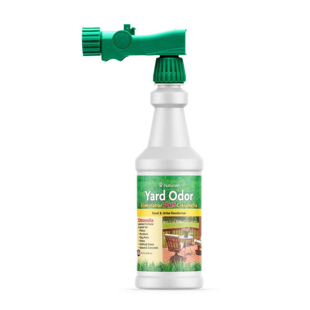 NaturVet Yard Odor Eliminator Plus Citronella spray bottle for quick odor control outdoors.