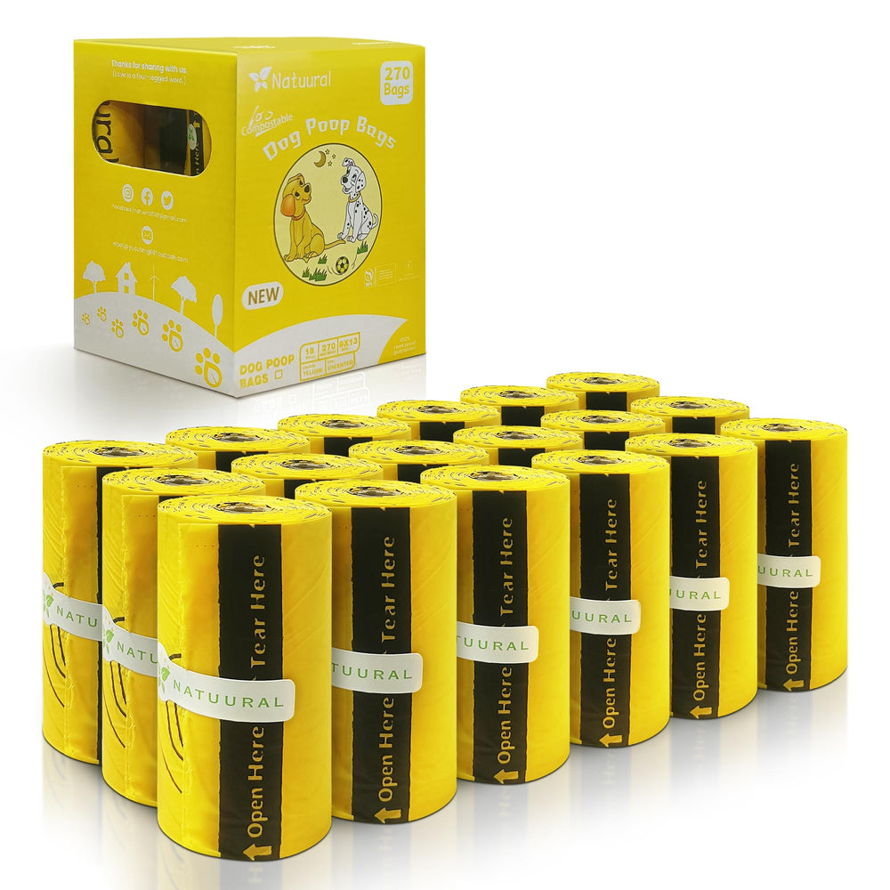 Natuural certified compostable dog poop bags in a 270-count pack for convenient cleanups.