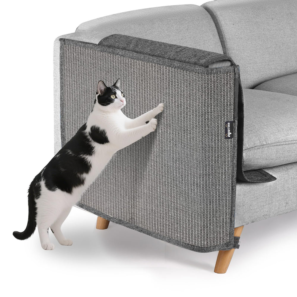 NATUYA cat scratch protector on all-gray sofa armrest for durable protection.