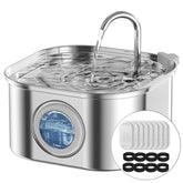 NautyPaws cat water fountain front view highlights durable stainless steel for reliable hydration.