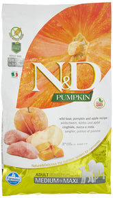 N&D Farmina grain-free pumpkin-boar-apple bag front highlighting premium protein for adults