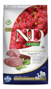 N&D Farmina quinoa weight management lamb bowl shows balanced nutrition for adult dogs