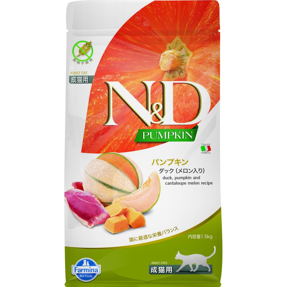 N&D pumpkin-duck dry cat food bag for balanced nutrition.