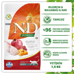N&D ingredient closeup with quail and pumpkin emphasizes protein and fiber sources.