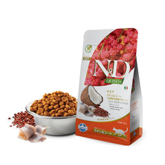 N&D Farmina quinoa-skin-coat-herring-dry-cat-food-pack highlights grain-free formula for sensitive stomachs.