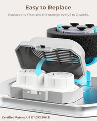 Neareal triple-layer filtration close-up shows debris trap and carbon