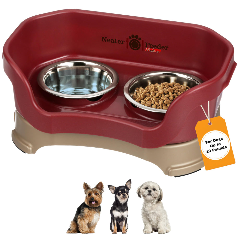 Neater Feeder Deluxe cranberry bowls setup reduces mess during meals