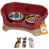 Neater Feeder Deluxe cranberry bowls setup reduces mess during meals