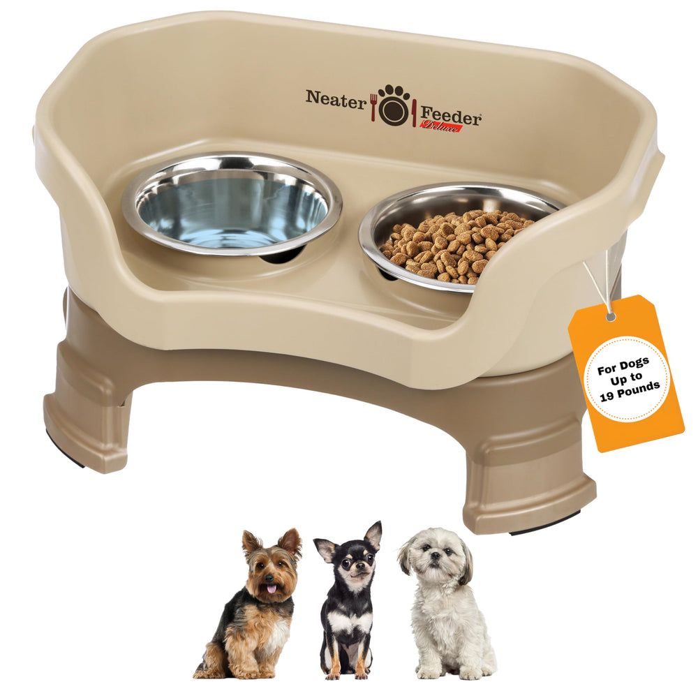 Neater Feeder Deluxe mess-proof setup showing spill containment for clean floors.