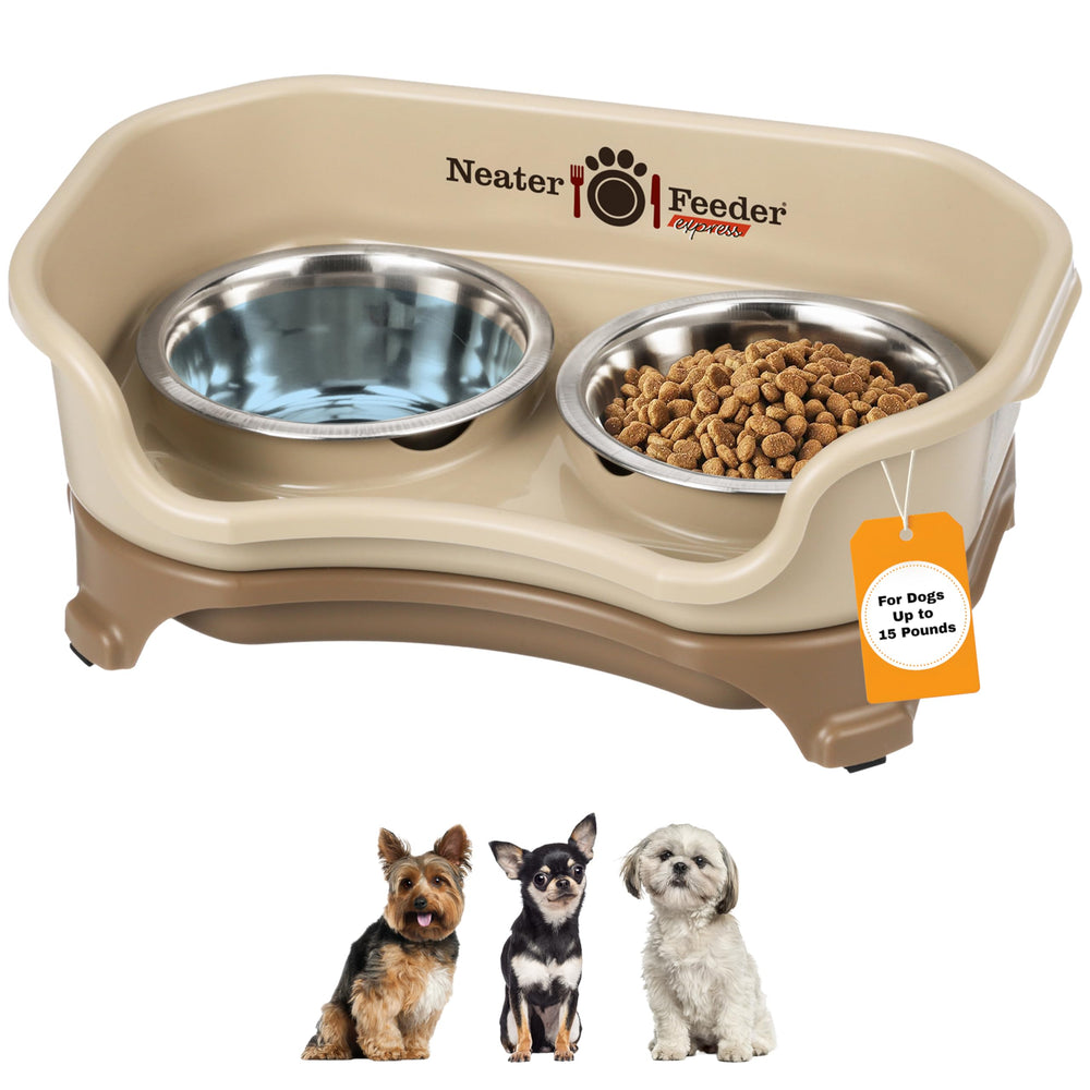 Neater Feeder Express cappuccino stand showing a mess-proof feeding station for small dogs