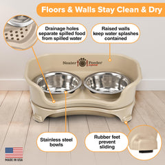 Neater Feeder Express catch basin drains water away from the feeding area.