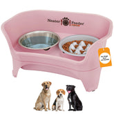 Neater Feeder Express mess-proof stand shown with a raised tray to help keep the feeding area clean.