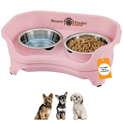 Neater Feeder Express pink bowls on an elevated stand for tidy small-dog meals
