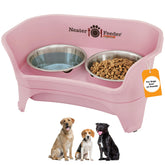Neater Feeder Express pink setup demonstrates a tidy raised feeding station for mess-free meals.