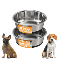 Neater Pet Brands stainless steel dog bowls with non-slip base prevent spills during meals.