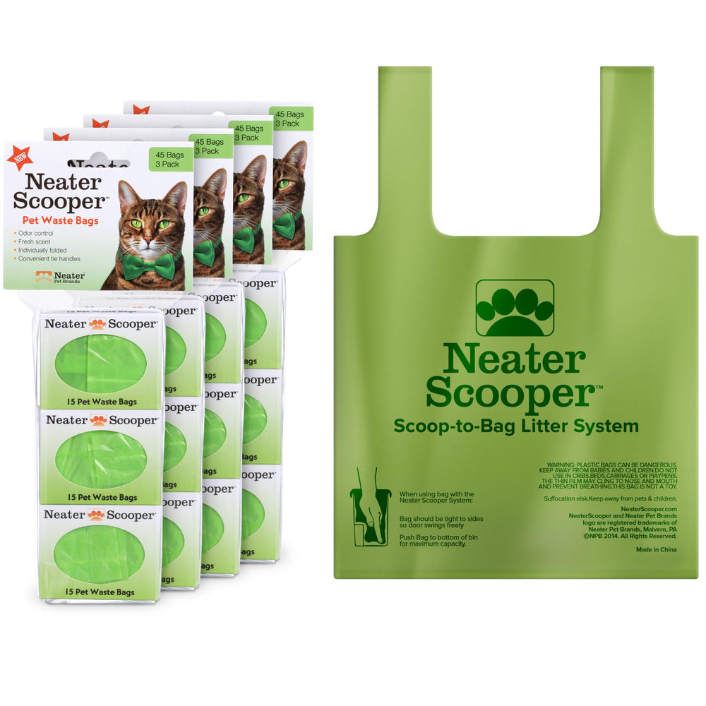 Neater Pets Neater Scooper bags dispensing one at a time for easy cleanup.